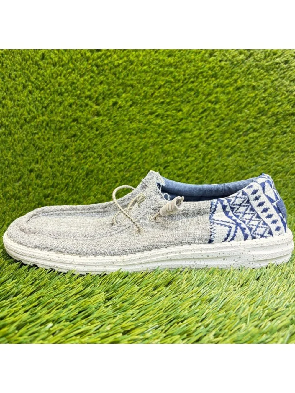 Hey Dude Wally Funk Mens Size 10 Taupe Gray Blue Casual Walking Slip-On Shoes